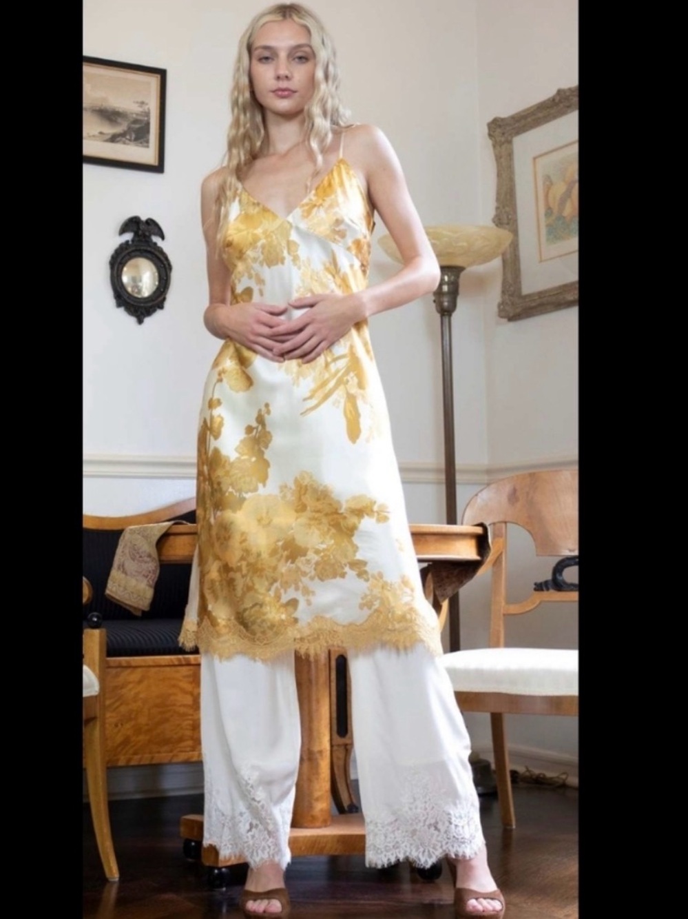 Gold Hawk Silk Dress, Cream And Gold Floral, Belt, Lace
